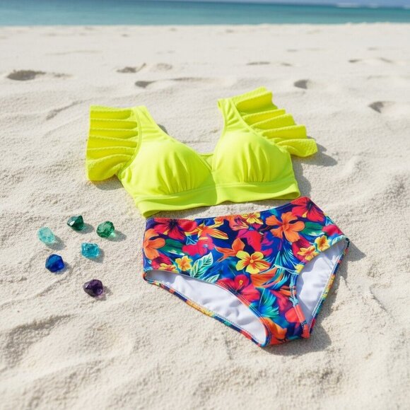 🆕 Vibrant Plus Size Boho Tankini Set 1XL Ruffle Sleeves Tropical Print Swimwear - Picture 15 of 15